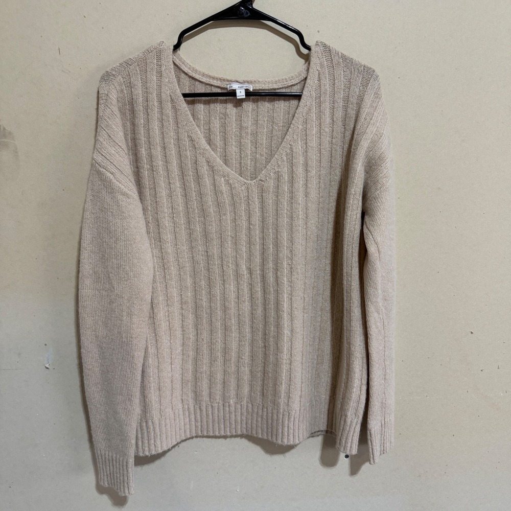 Gap Womens V-Neck Ribbed Knit Wool Blend Sweater Beige Oatmeal Size S